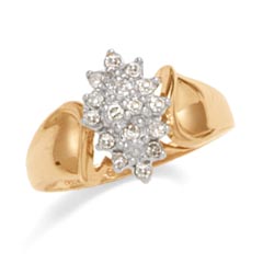 A glittering testament to your love. 1/4 CT. T.W. diamond cluster ring set in 10K yellow gold and has 16 round diamonds. (Diamond carat weights (CT.) represent the approximate total weight (T.W.) of all diamonds in each setting unless noted.)  