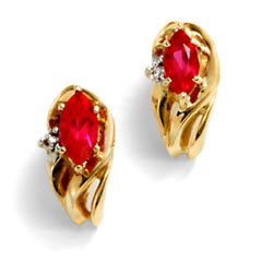 For those with a flair for style. 10K yellow gold earrings each have a single 8x4mm marquise lab-created ruby in a 2-prong setting with 1 round diamond. Ruby is July's birthstone.  