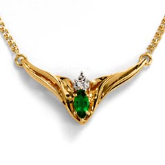 Perpetual beauty. 10K yellow gold necklace has a single 8x4mm marquise lab-created emerald in a 6-prong setting with 1 round diamond and is on a 10K yellow gold rope chain which is 16.0 inches in length with a claw clasp. Emerald is May's birthstone.  