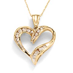 Captivating whimsy and style. 1/4 CT. T.W. diamond heart pendant is set in 10K yellow gold and has 13 round diamonds in a channel setting. Pendant comes with a 10K yellow fine rope chain which is 18.0 inches in length with a springring clasp. (Diamond carat weights (CT.) represent the approximate total weight (T.W.) of all diamonds in each setting unless noted.)  