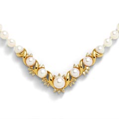 Hypnotic beauty. Cultured white freshwater pearl strand is 18.0 inches in length with a claw clasp. The centerpiece of the necklace is 5 cultured round white pearls and 26 diamonds set in 14K yellow gold. There are 70 cultured round white pearls surrounding the centerpiece. Pearl is June's birthstone.  