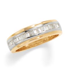 Splendidly crafted. Men's 1/4 CT. T.W. diamond band is set in 14K yellow gold and has 7 round diamonds. The Luxury FitT design means the ring is rounded on the inside for comfort. (Diamond carat weights (CT.) represent the approximate total weight (T.W.) of all diamonds in each setting unless noted.)  