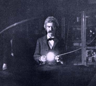 Mark Twain in Tesla's laboratory at 35 South Fifth Avenue, early 1895.