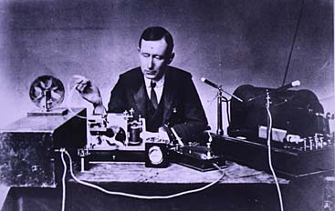 Marconi with early system of wireless telegraphy