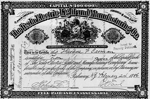 Stock certificate for The Tesla Electric Light and Manufacturing Company.